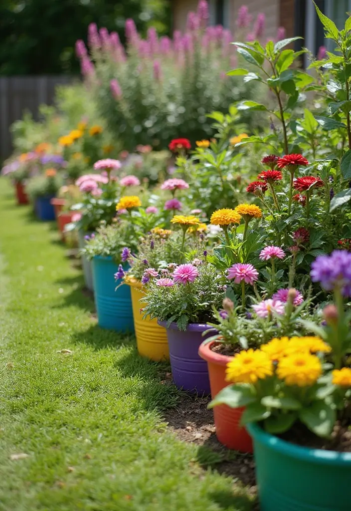 25 Creative Garden Edging Ideas to Define Your Space - 14. Bright Colored Planters