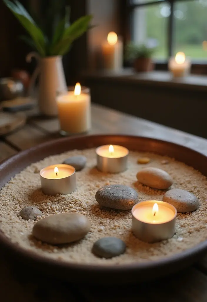 25 Miniature Zen Garden Ideas to Bring Calm Indoors - 11. Zen Garden with Candles