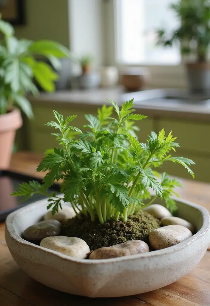 25 Miniature Zen Garden Ideas to Bring Calm Indoors - 14. Zen Garden with Fresh Herbs