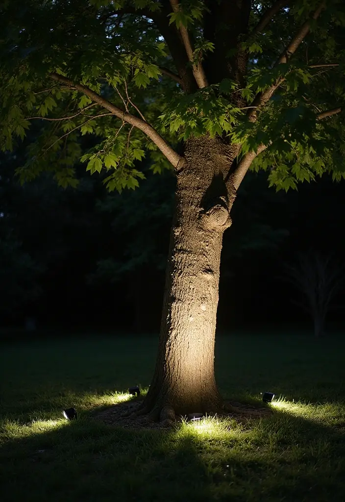 25 Stunning Garden Lighting Ideas for Evening Ambiance - 10. Tree Trunk Spotlights