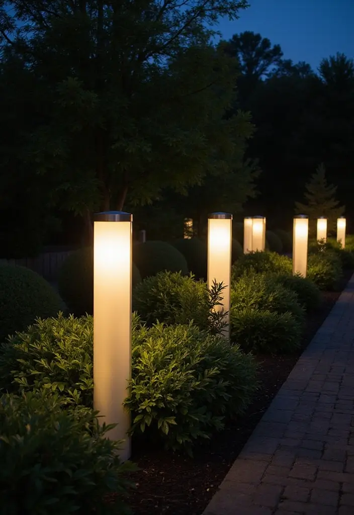 25 Stunning Garden Lighting Ideas for Evening Ambiance - 16. Column Lights for Vertical Impact