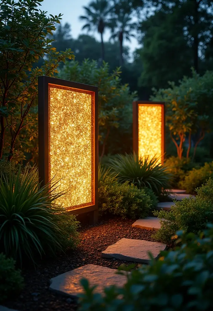 25 Stunning Garden Lighting Ideas for Evening Ambiance - 20. Illuminated Outdoor Screens