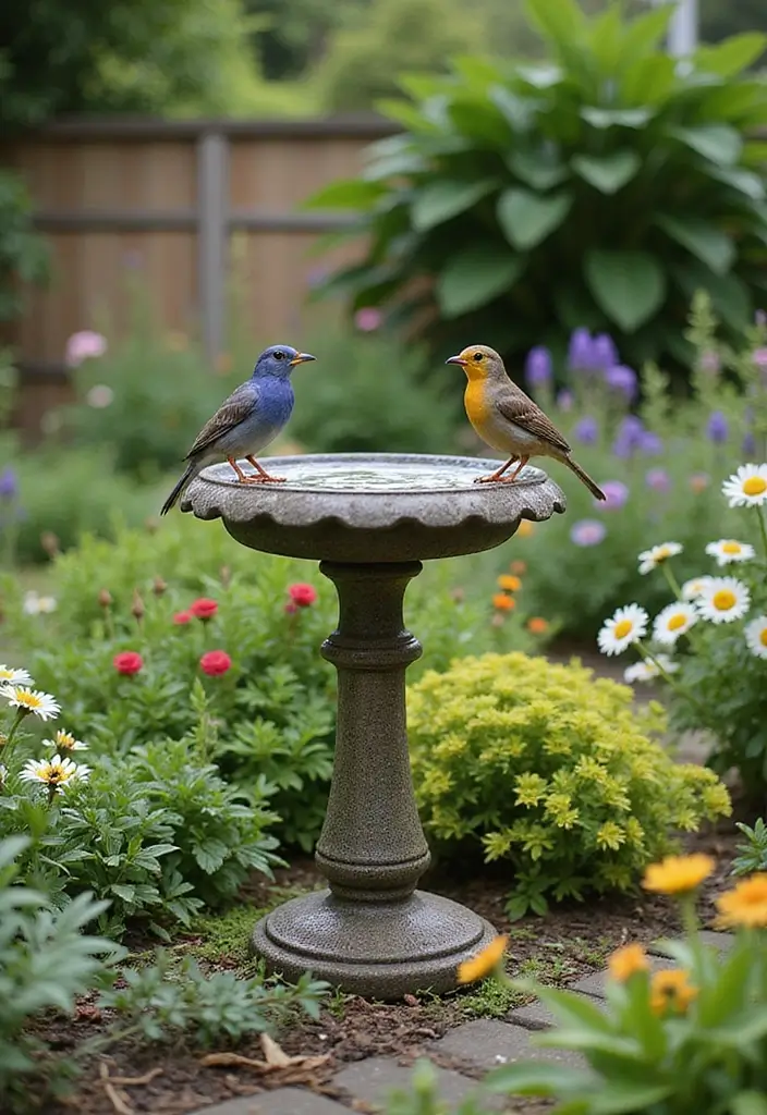 26 Charming English Cottage Garden Ideas for Timeless Beauty - 13. Birdbaths for Serenity
