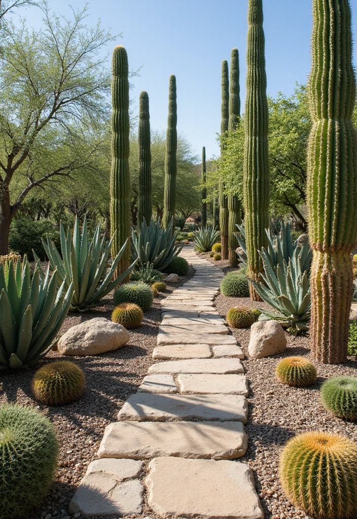 26 Creative Cactus Garden Design Ideas for a Low-Maintenance Oasis - 14. Cactus and Stone Pathways