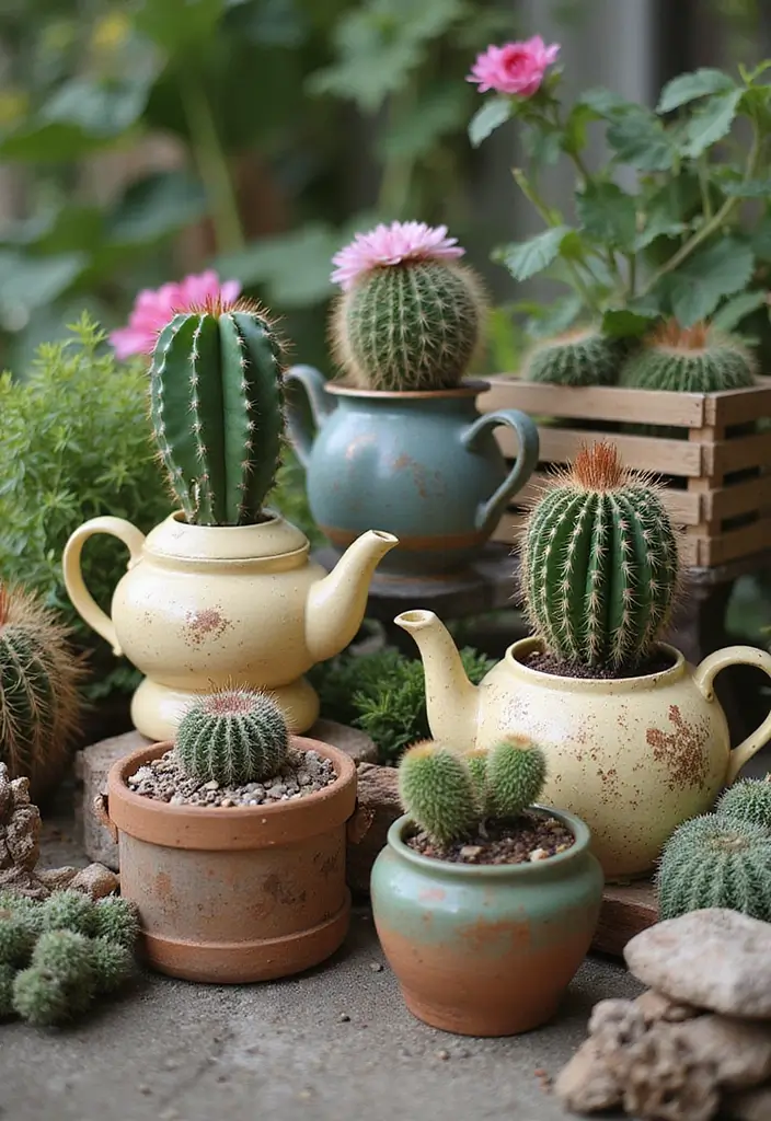 26 Creative Cactus Garden Design Ideas for a Low-Maintenance Oasis - 15. Cacti in Vintage Containers