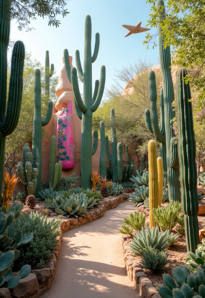 26 Creative Cactus Garden Design Ideas for a Low-Maintenance Oasis - 16. Cactus-Themed Art Installations