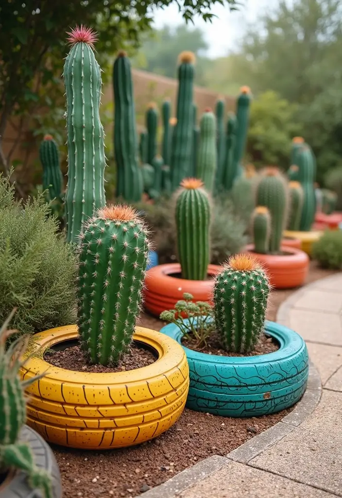 26 Creative Cactus Garden Design Ideas for a Low-Maintenance Oasis - 7. Eco-Friendly Cactus Garden with Recycled Materials