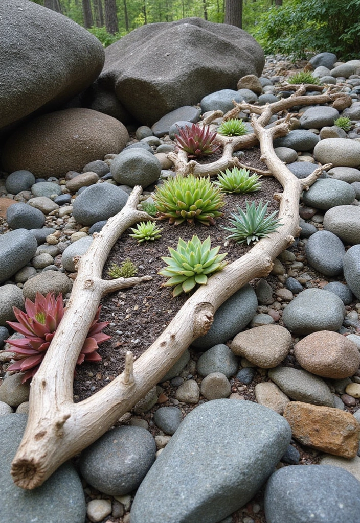 26 Creative Rock Garden Ideas for Every Yard - 14. Use of Driftwood