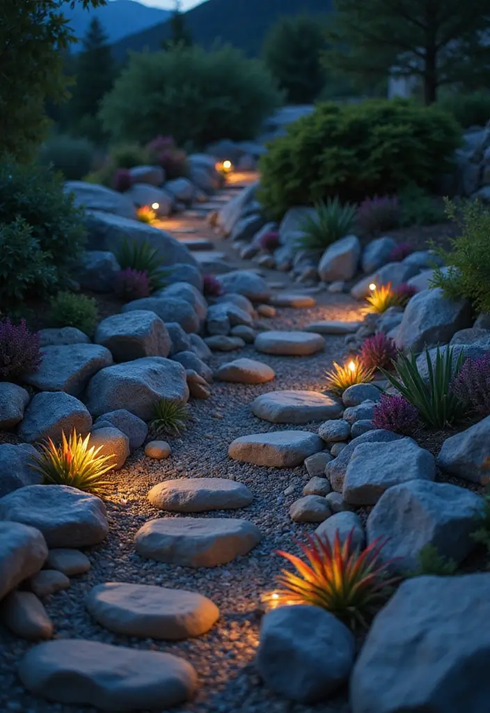 26 Creative Rock Garden Ideas for Every Yard - 15. Nighttime Aesthetics