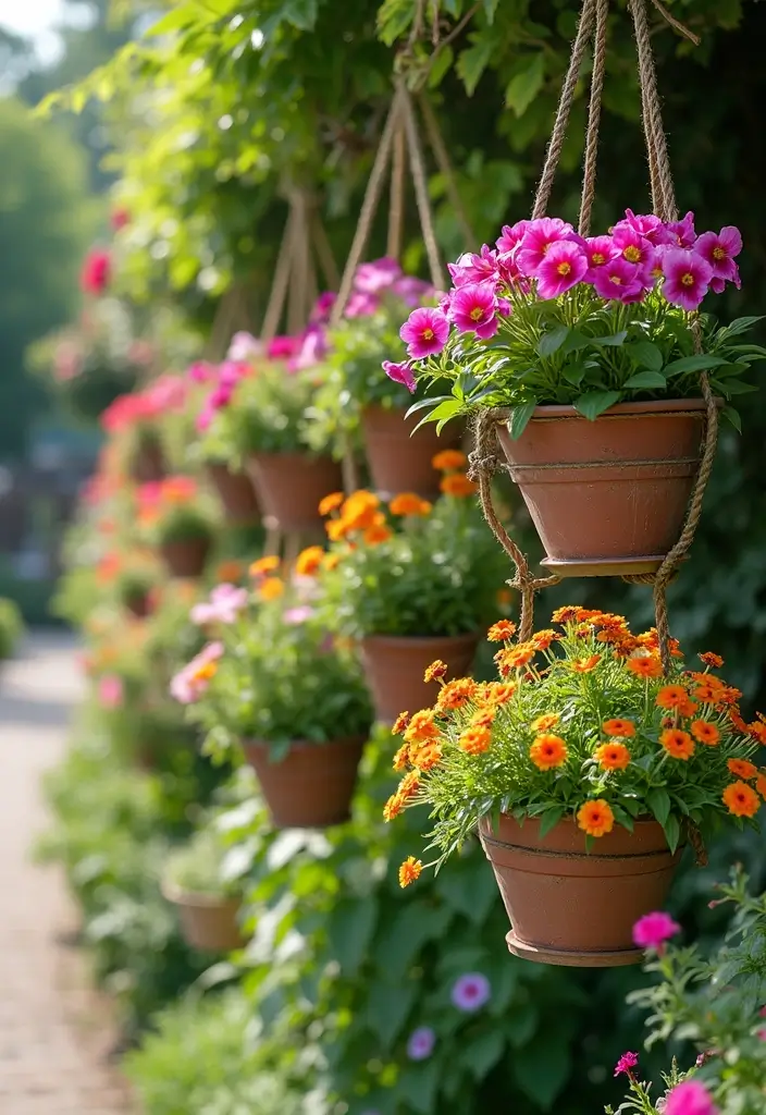 26 Front Garden Ideas to Boost Your Home’s Curb Appeal - 20. Vertical Flower Hanging Baskets