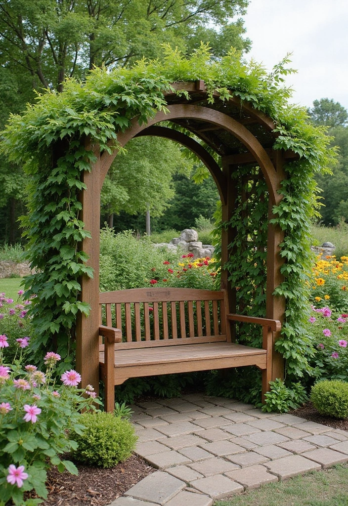 27 Creative Garden Trellis Ideas to Support Your Plants - 14. Trellis with a Bench