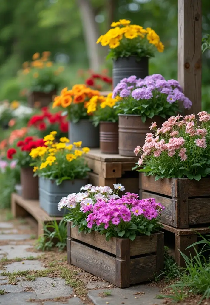 27 Flower Garden Ideas to Brighten Your Outdoor Space - 17. Rustic Flower Containers