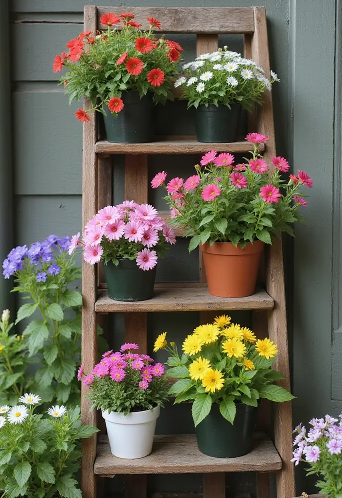27 Flower Garden Ideas to Brighten Your Outdoor Space - 6. Colorful Flower Ladder