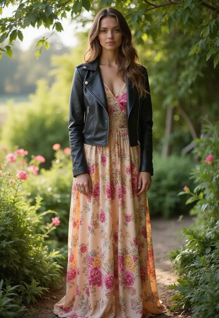 27 Garden Party Outfit Ideas for Every Style and Season - 23. Edgy Leather Jacket with Floral Dress