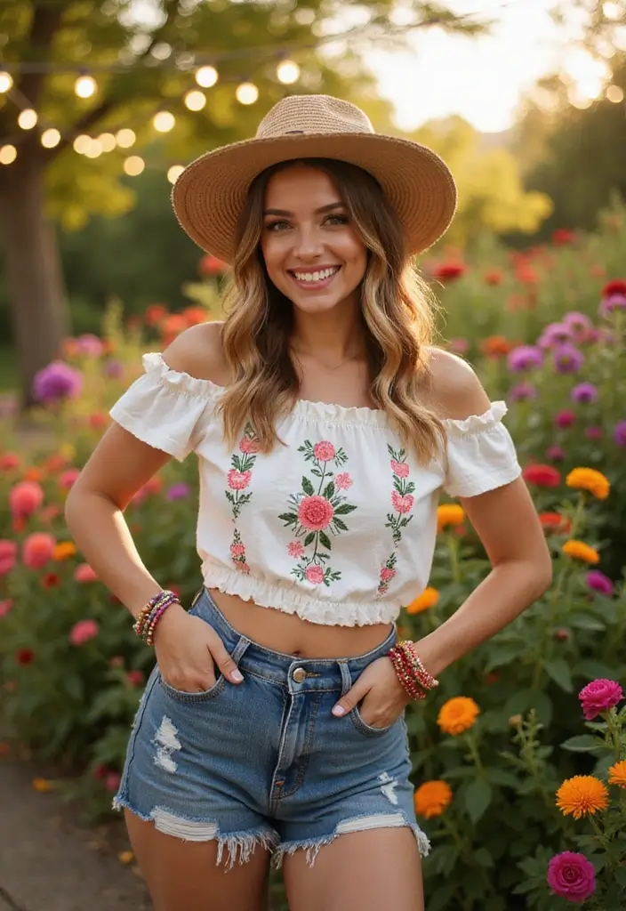 27 Garden Party Outfit Ideas for Every Style and Season - 3. Breezy Off-Shoulder Top and Shorts Combo