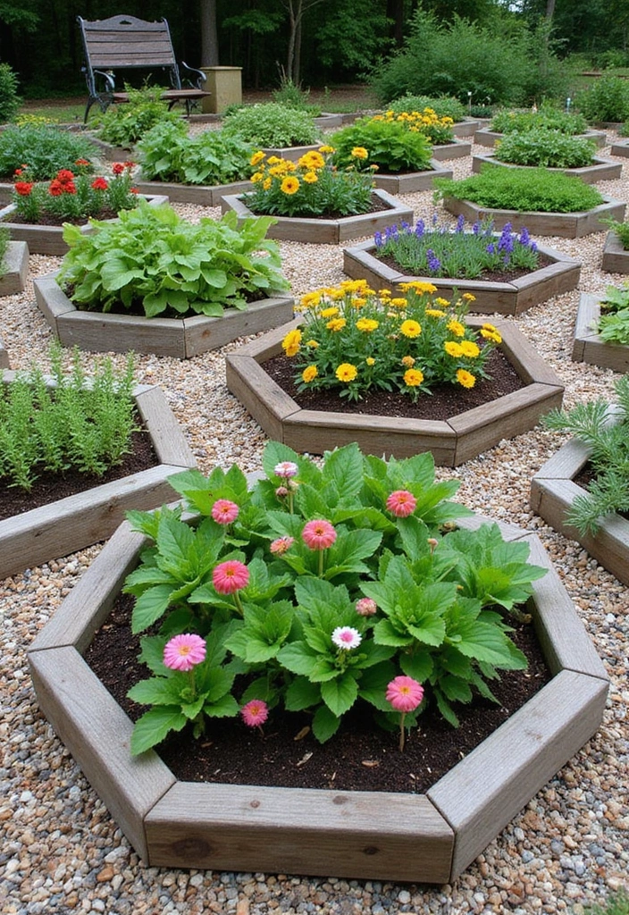 27 Raised Garden Beds Layouts for Modern Backyards - 5. Hexagonal Raised Beds