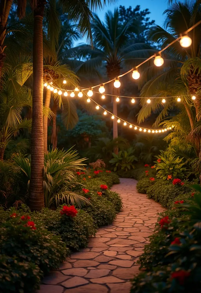 27 Vibrant Tropical Garden Design Ideas to Brighten Your Yard - 10. Tropical-themed Lighting