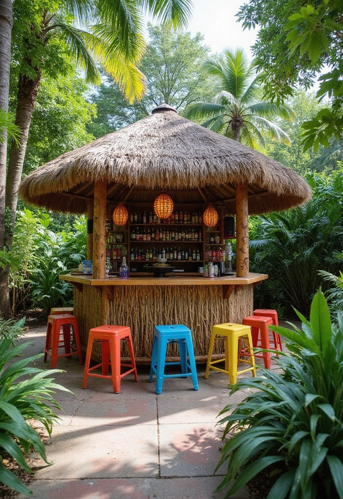 27 Vibrant Tropical Garden Design Ideas to Brighten Your Yard - 13. Colorful Tiki Bar Setup