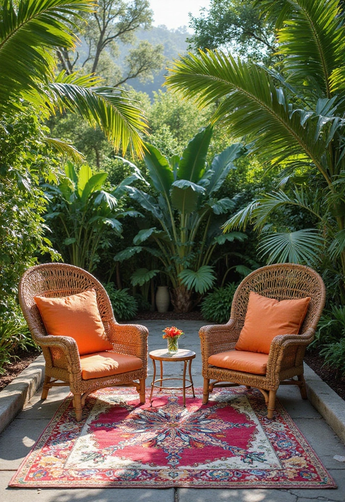 27 Vibrant Tropical Garden Design Ideas to Brighten Your Yard - 15. Colorful Outdoor Rugs