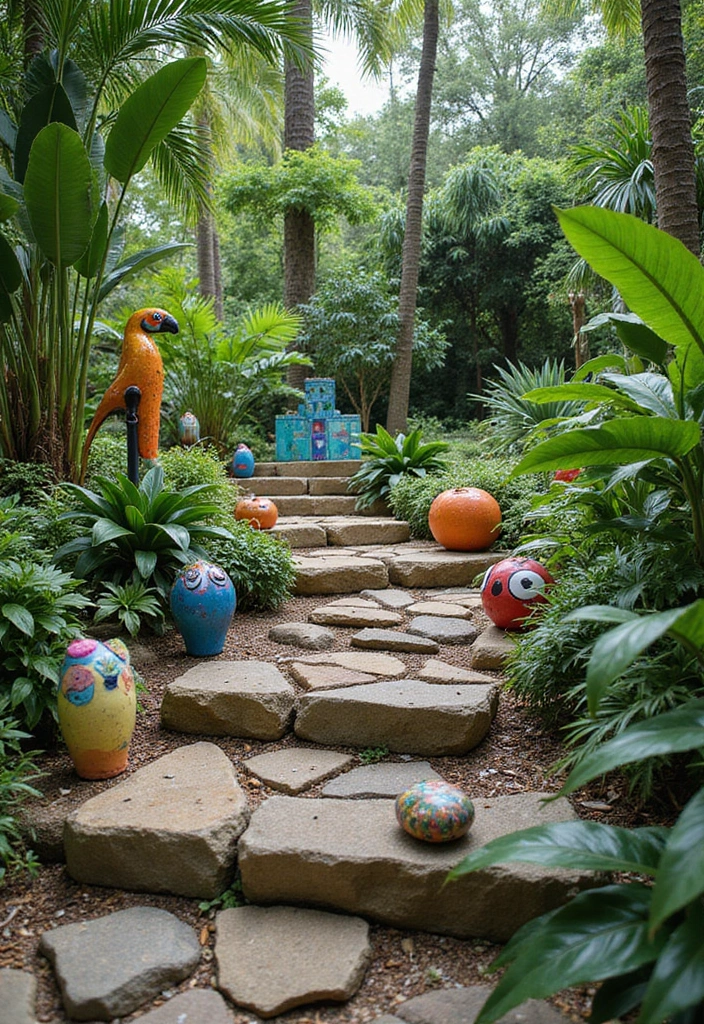 27 Vibrant Tropical Garden Design Ideas to Brighten Your Yard - 6. Brightly Colored Garden Art