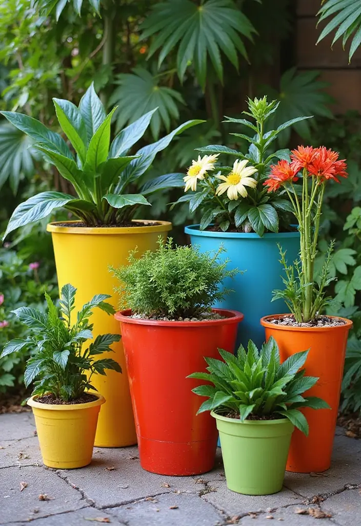 27 Vibrant Tropical Garden Design Ideas to Brighten Your Yard - 9. Bright Tropical Planters