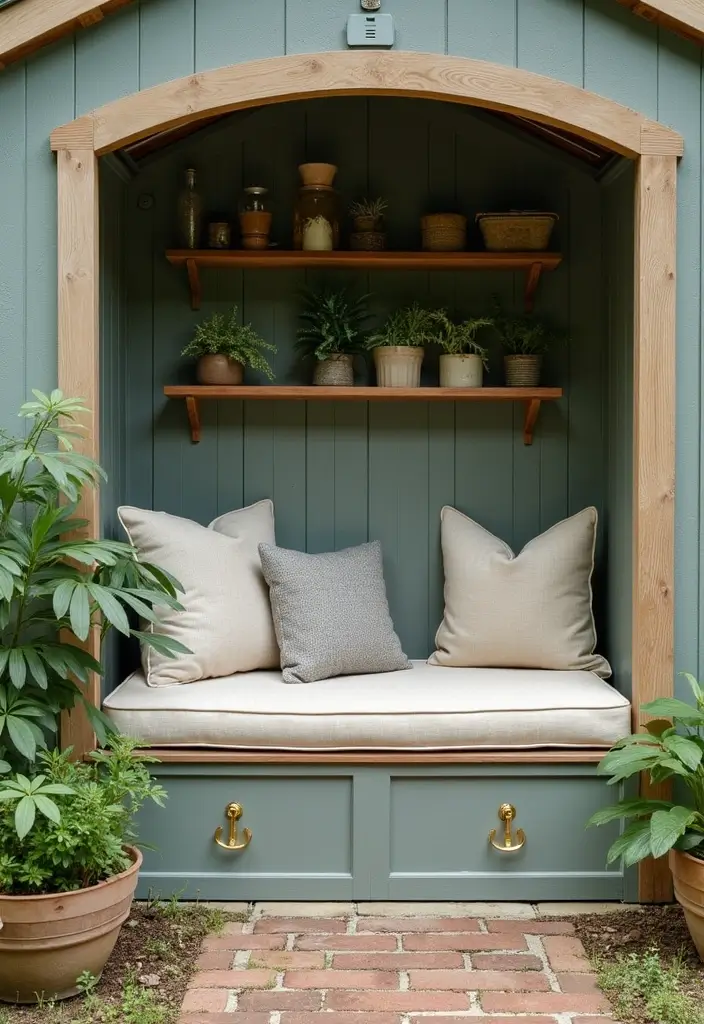 28 Practical Garden Shed Ideas for Storage and Style - 15. Built-in Seating with Storage