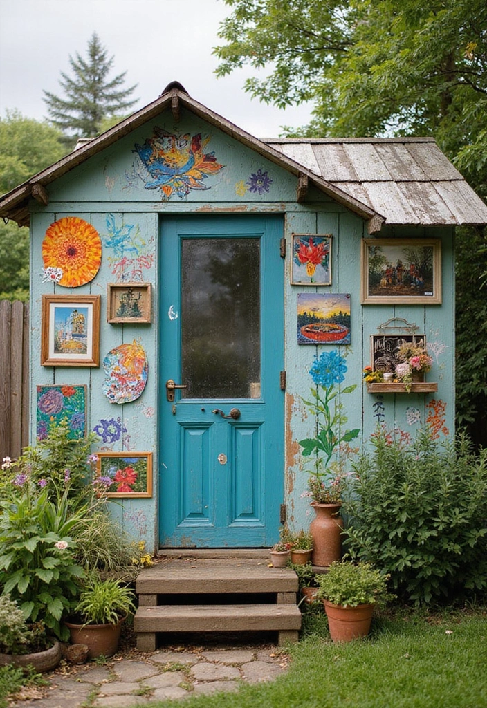 28 Practical Garden Shed Ideas for Storage and Style - 20. Creative Wall Art