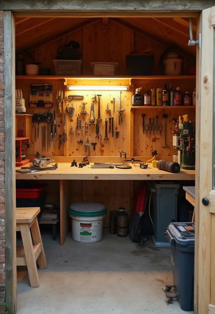 28 Practical Garden Shed Ideas for Storage and Style - 22. A Small Workshop Space