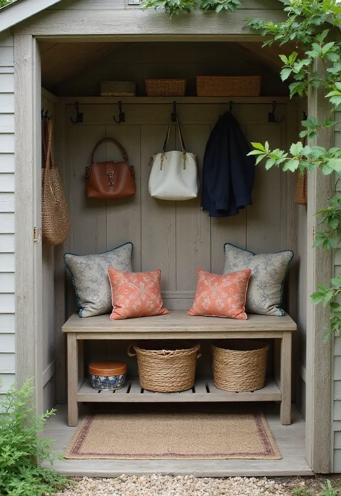 28 Practical Garden Shed Ideas for Storage and Style - 26. Garden Bench by the Door