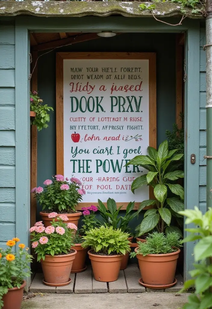 28 Practical Garden Shed Ideas for Storage and Style - 6. Inspirational Quote Board