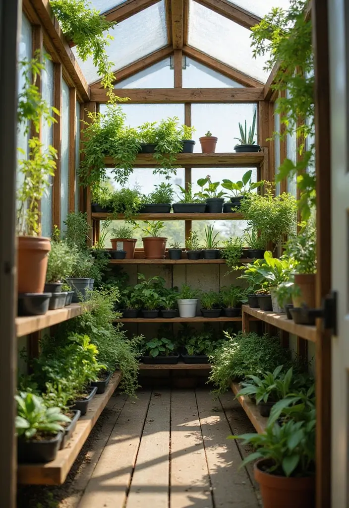 28 Practical Garden Shed Ideas for Storage and Style - 8. Mini Greenhouse Setup