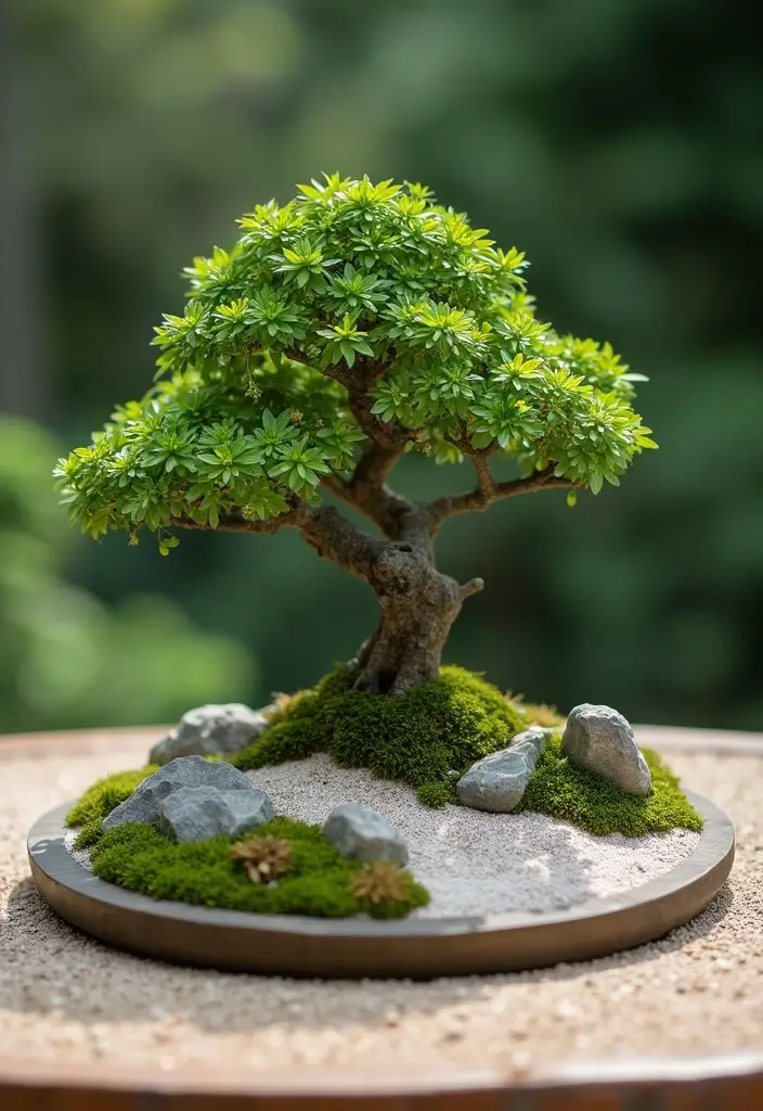 29 Inspiring Japanese Zen Garden Concepts for Mindful Living - 2. Bonsai and Mini Zen Garden Combination