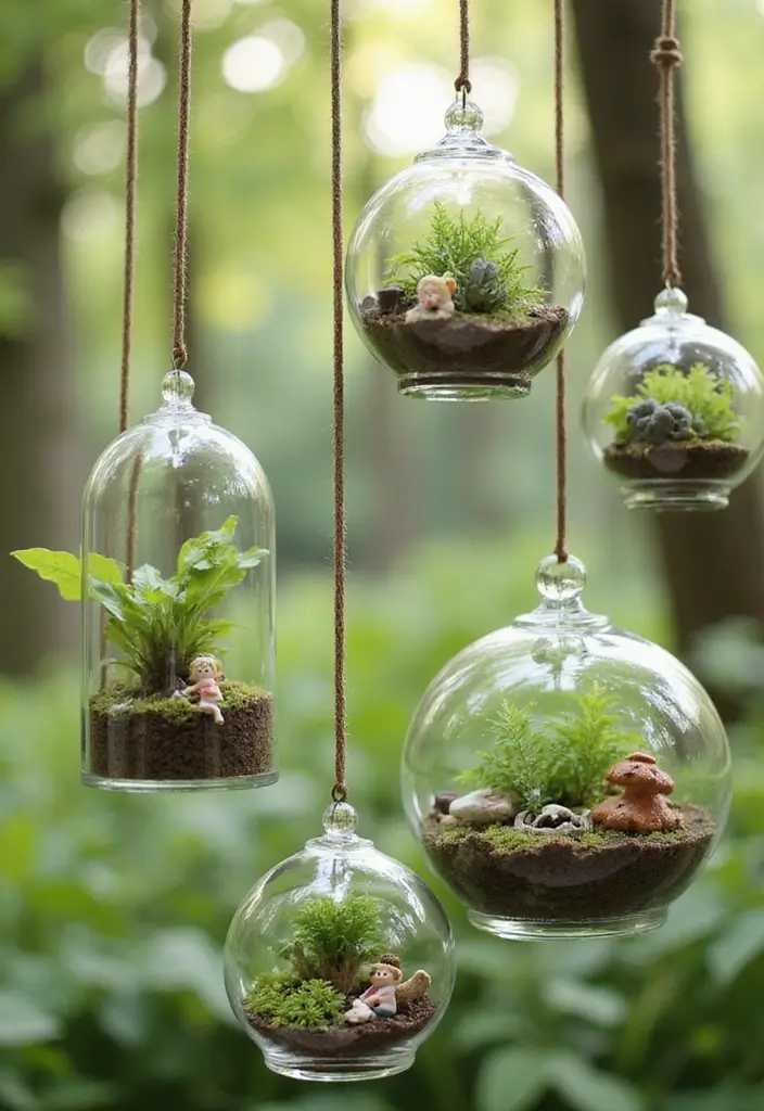 29 Magical Fairy Garden Ideas to Bring Fantasy to Life - 2. Hanging Fairy Garden Terrariums