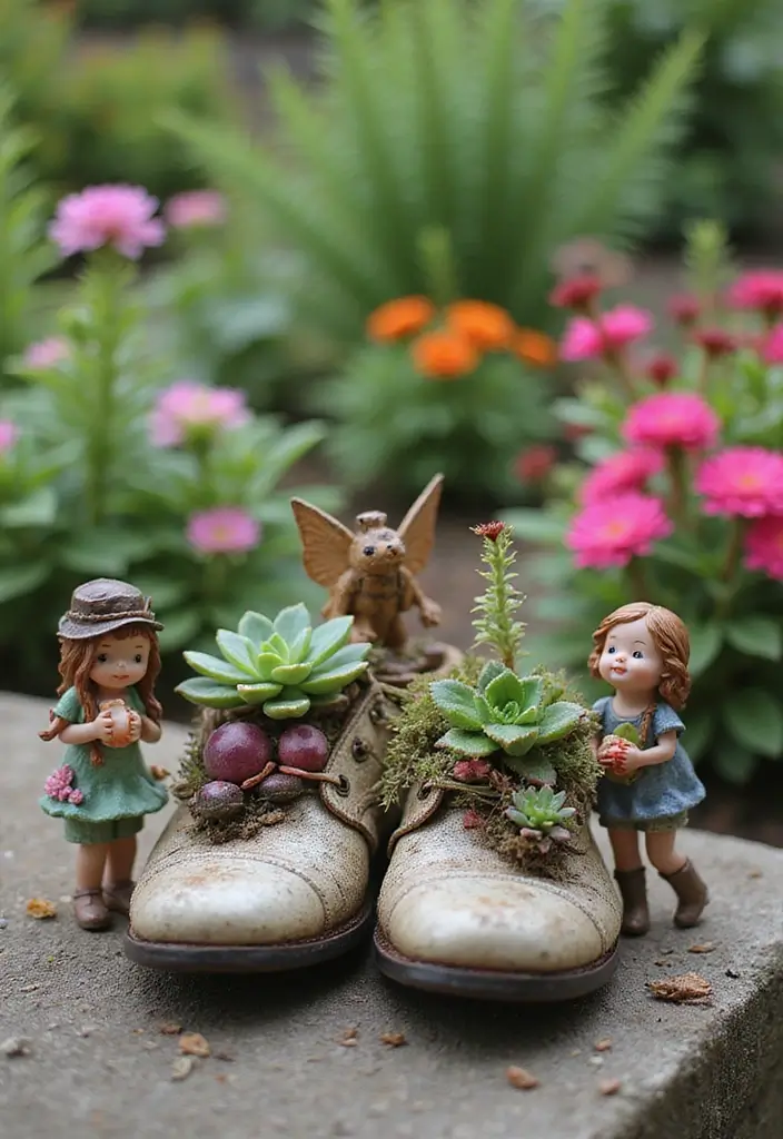 29 Magical Fairy Garden Ideas to Bring Fantasy to Life - 4. Repurposed Shoe Garden