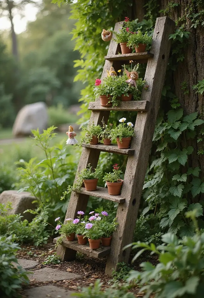 29 Magical Fairy Garden Ideas to Bring Fantasy to Life - 7. Garden Ladder Fairy Retreat