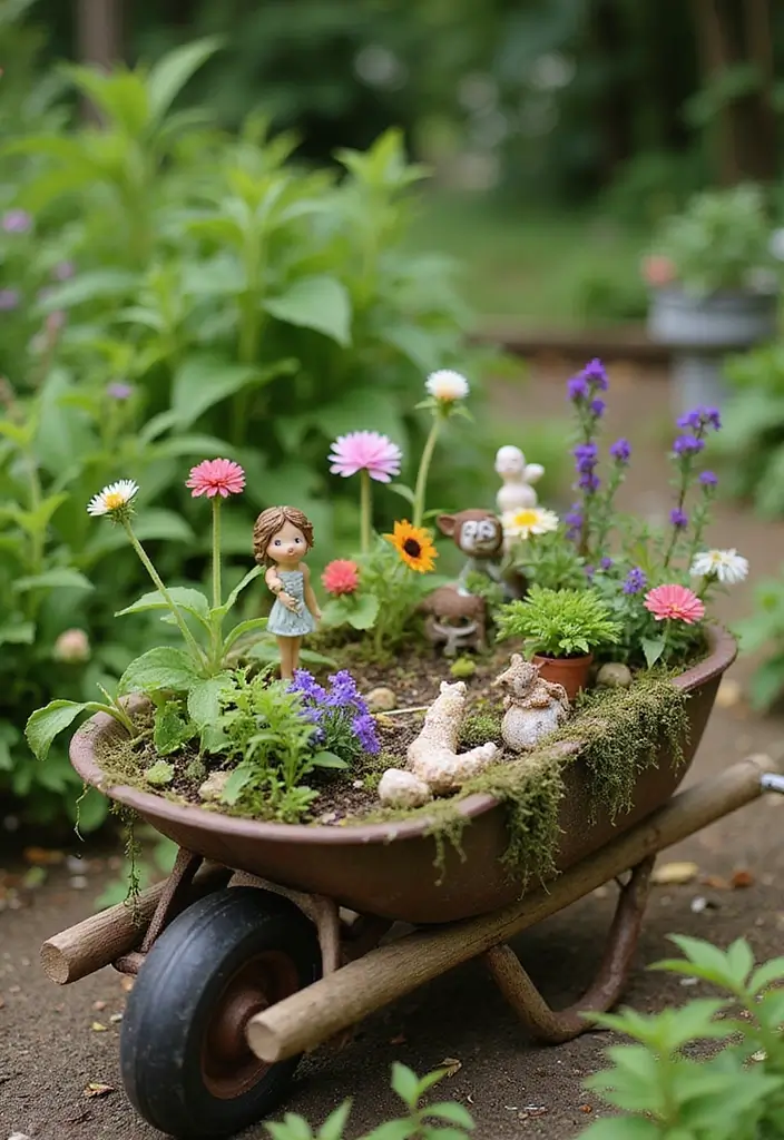 29 Magical Fairy Garden Ideas to Bring Fantasy to Life - 9. Fairy Garden in a Wheelbarrow