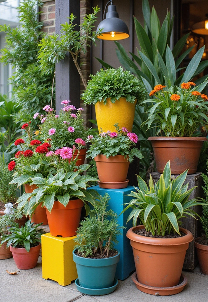 30 Balcony Garden Ideas for Urban Green Living - 12. Colorful Plant Stands
