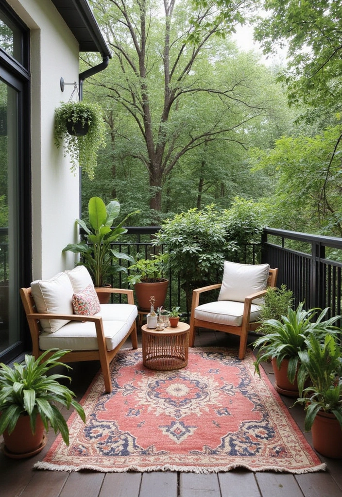 30 Balcony Garden Ideas for Urban Green Living - 14. Outdoor Rug for Comfort