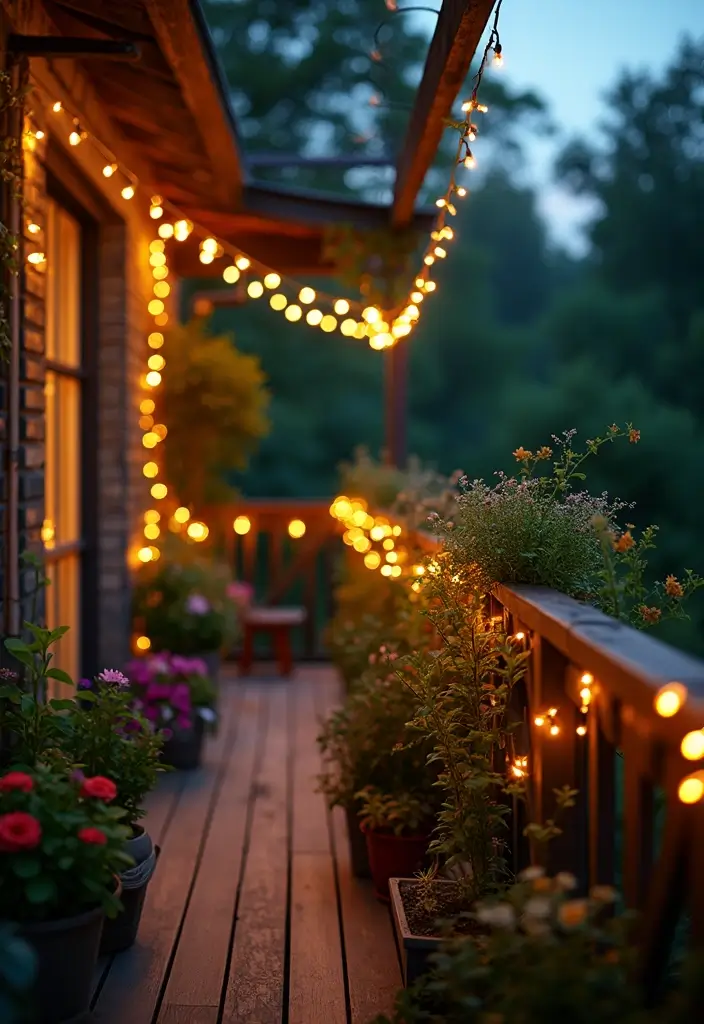 30 Balcony Garden Ideas for Urban Green Living - 6. Fairy Lights for Ambiance