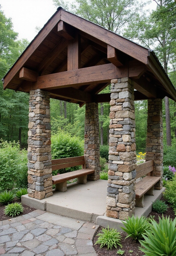 30 Beautiful Garden Pergola Ideas to Transform Your Backyard - 15. Stone and Wood Combo Pergola