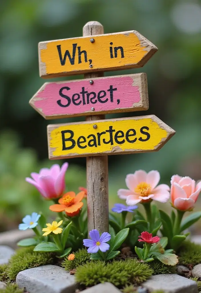 30 Delightful DIY Fairy Garden Ideas for Beginners and Beyond - 11. Miniature Fairy Garden Signpost