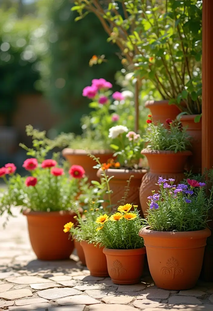 30 Mediterranean Garden Design Inspirations for Warm Climates - 5. Terracotta Pot Displays